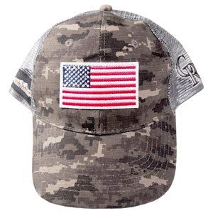 American Flag, Gray Camo Ball Cap, Colorado Rockies Avalanche Harley Davidson